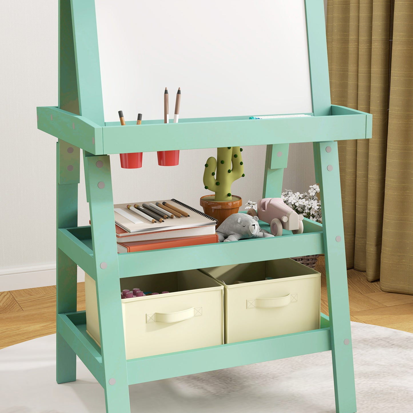 Cavalete de arte para crianças com rolo de papel, cavalete 3 em 1 para crianças com quadro branco magnético e quadro de giz de ambos os lados com cestas de armazenamento, para crianças de 3 a 6 anos