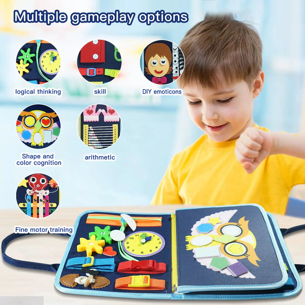 Montessori 7-in-1 Busy Board for ages 3–6. Safe sensory toy that builds fine motor skills, focus, and independence. Perfect educational gift for kids.