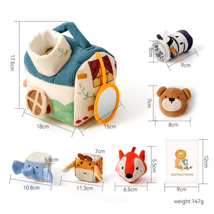 Soft Montessori sensory toy for babies. Plush farmhouse with musical animals that inspires discovery, learning, and gentle play.
