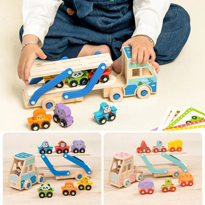 Wooden double-decker educational truck for kids. Safe, colorful, and fun Montessori toy that builds logic, coordination, and creativity.
