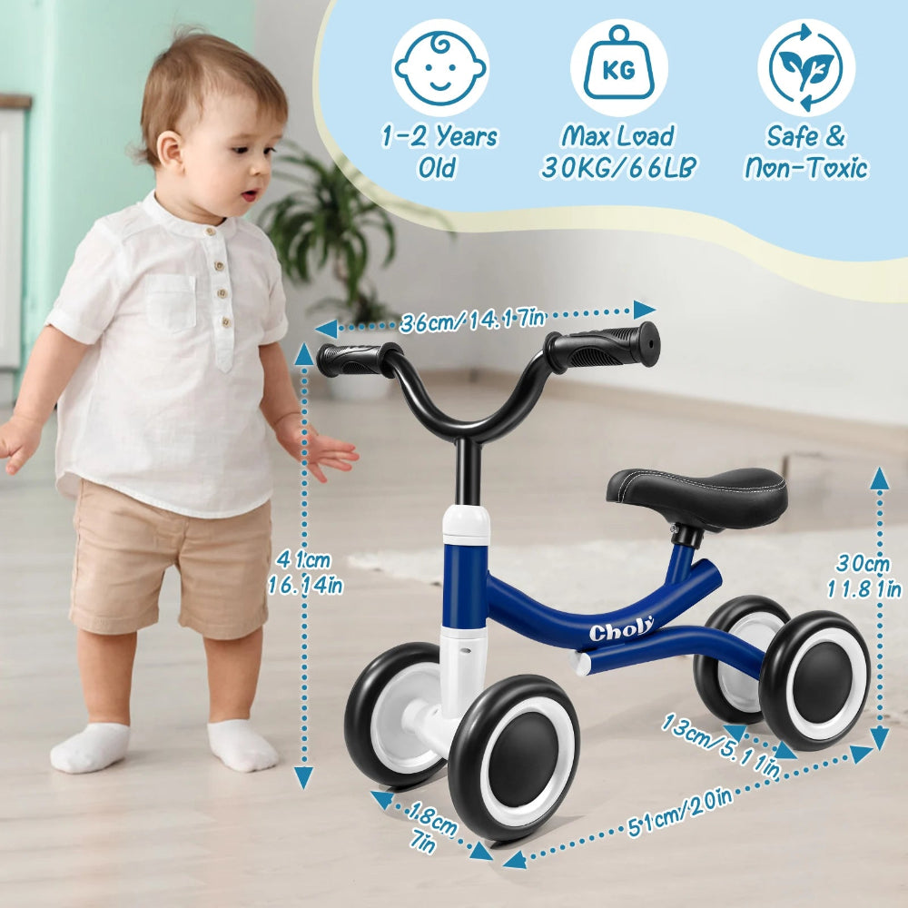 Lightweight 4-wheel balance bike for toddlers. Safe, stable, and ergonomic — perfect for ages 1–2 learning balance, coordination, and confidence.