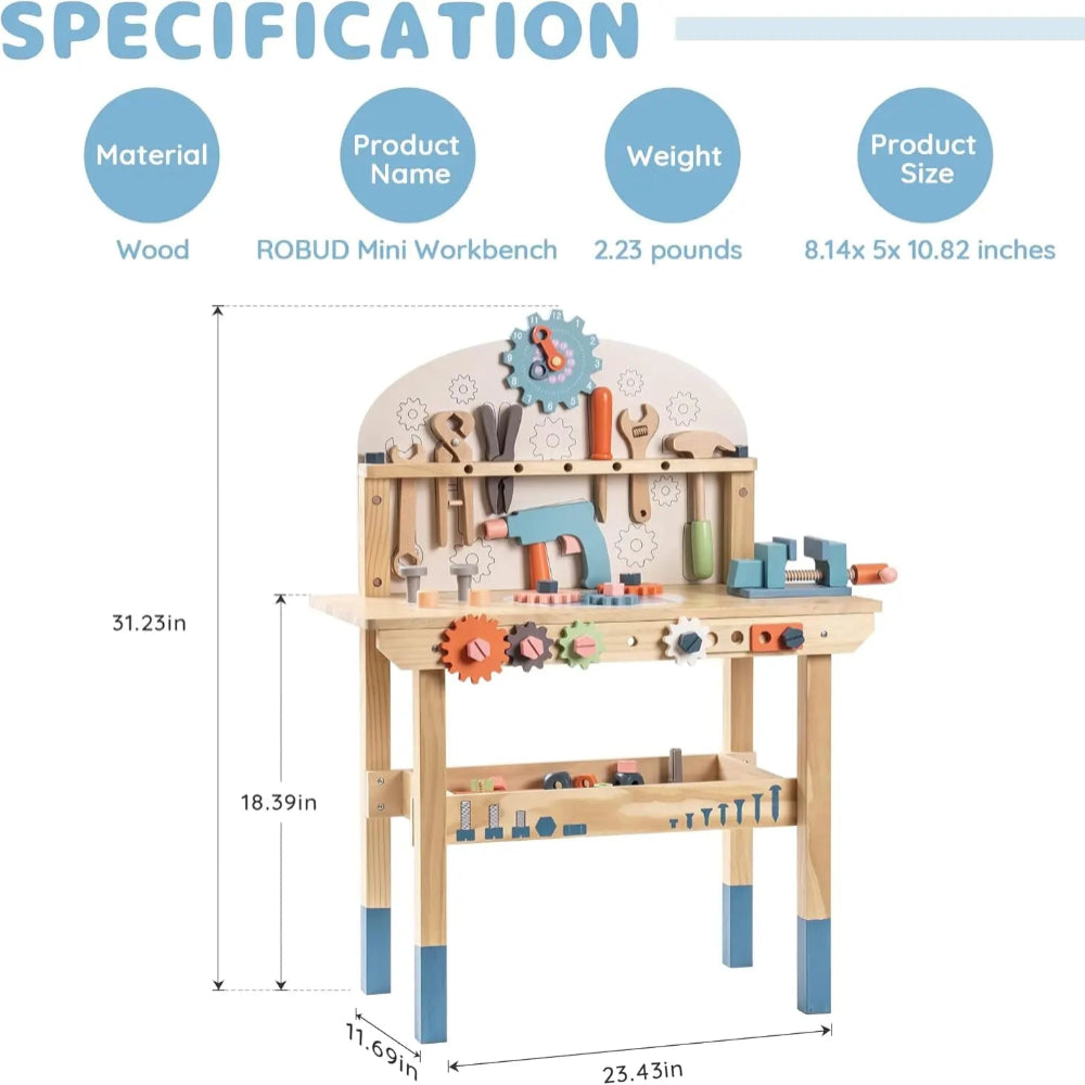 Wooden tool bench for kids with 41 pieces. Safe, durable, and educational playset that inspires creativity, coordination, and hands-on learning.