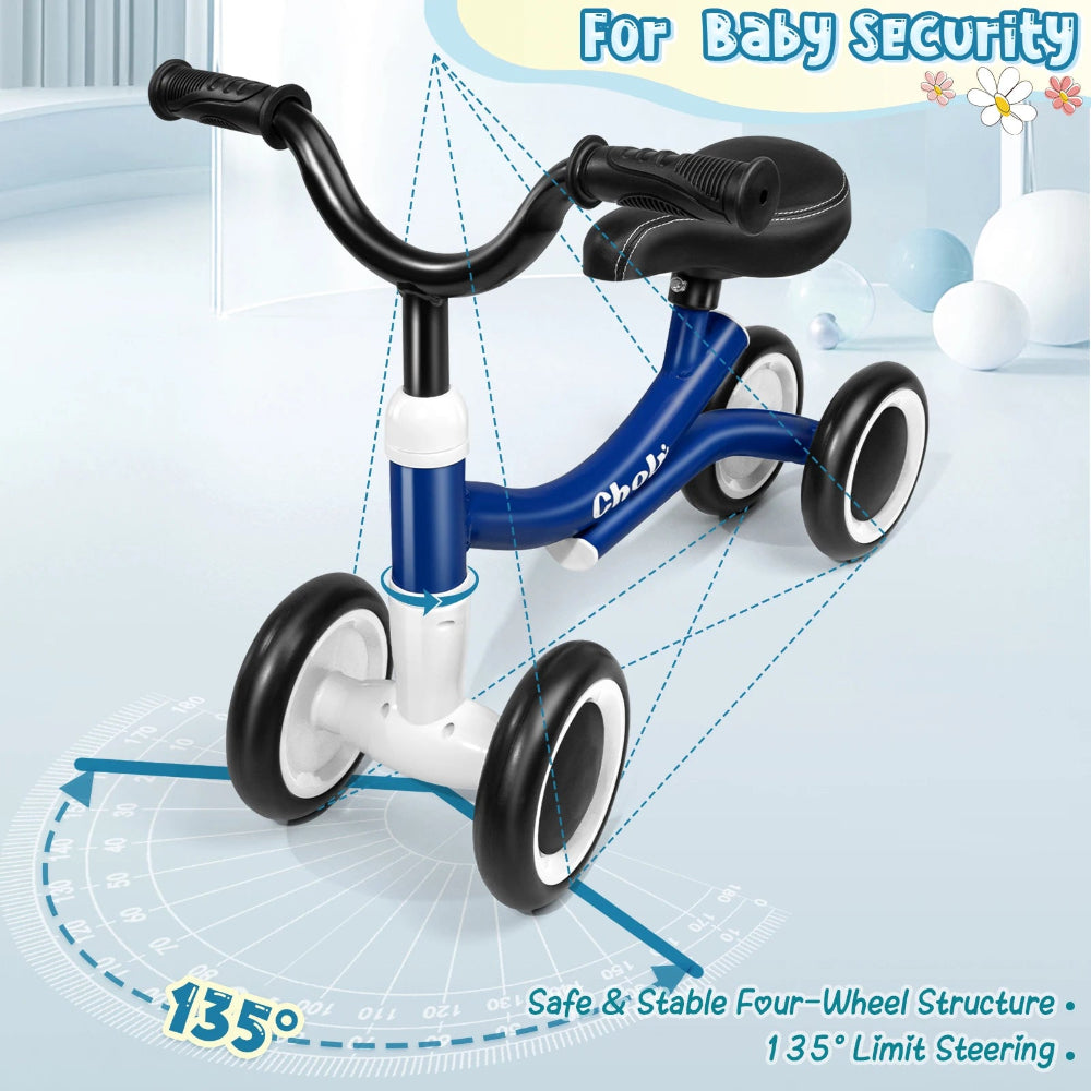 Lightweight 4-wheel balance bike for toddlers. Safe, stable, and ergonomic — perfect for ages 1–2 learning balance, coordination, and confidence.