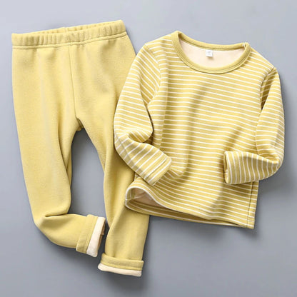 Warm plush-lined striped pajamas for kids. Soft, cozy, and perfect for autumn and winter nights — comfort for sweet dreams every day.