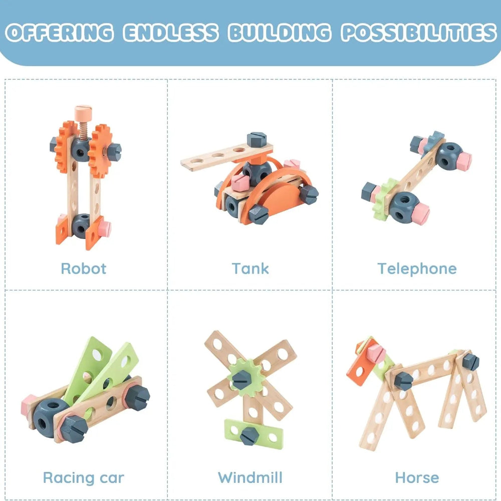 Wooden tool bench for kids with 41 pieces. Safe, durable, and educational playset that inspires creativity, coordination, and hands-on learning.