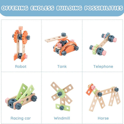 Wooden tool bench for kids with 41 pieces. Safe, durable, and educational playset that inspires creativity, coordination, and hands-on learning.