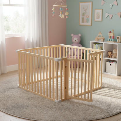 Safe wooden baby playpen with soft crawling mat. Durable, eco-friendly, and stylish design for secure play and early exploration.