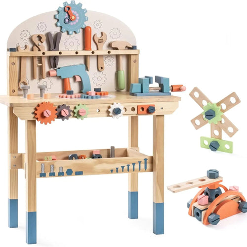 Wooden tool bench for kids with 41 pieces. Safe, durable, and educational playset that inspires creativity, coordination, and hands-on learning.