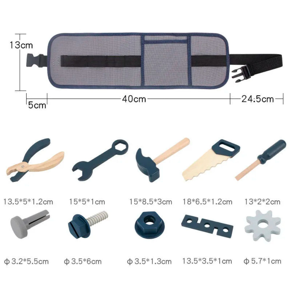 Wooden tool play set for kids. Safe, realistic, and fun role play that builds creativity, coordination, and hands-on learning.