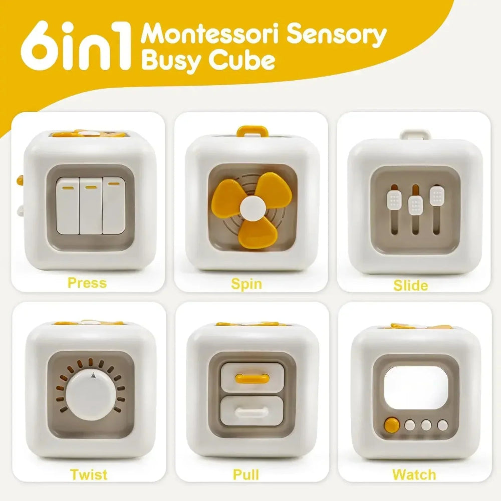 6-in-1 Montessori busy cube for toddlers. Safe, sensory toy that builds focus, coordination, and problem-solving through hands-on play.

