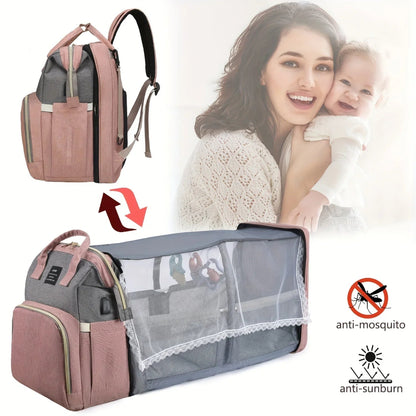 2-in-1 folding diaper backpack with portable crib. Lightweight, waterproof, and perfect for travel, outings, and daily baby care.