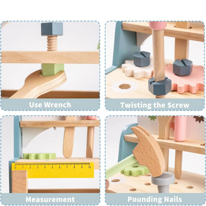 Wooden tool bench for kids. Safe, durable, and educational playset that builds creativity, coordination, and hands-on building skills.
