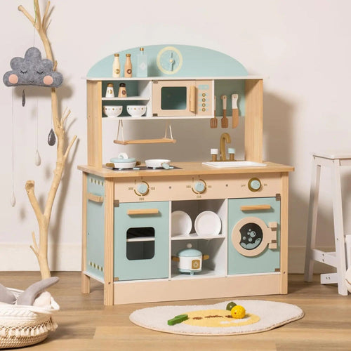 Realistic wooden play kitchen for kids. Safe, durable, and eco-friendly design that inspires creativity, learning, and imaginative play.
