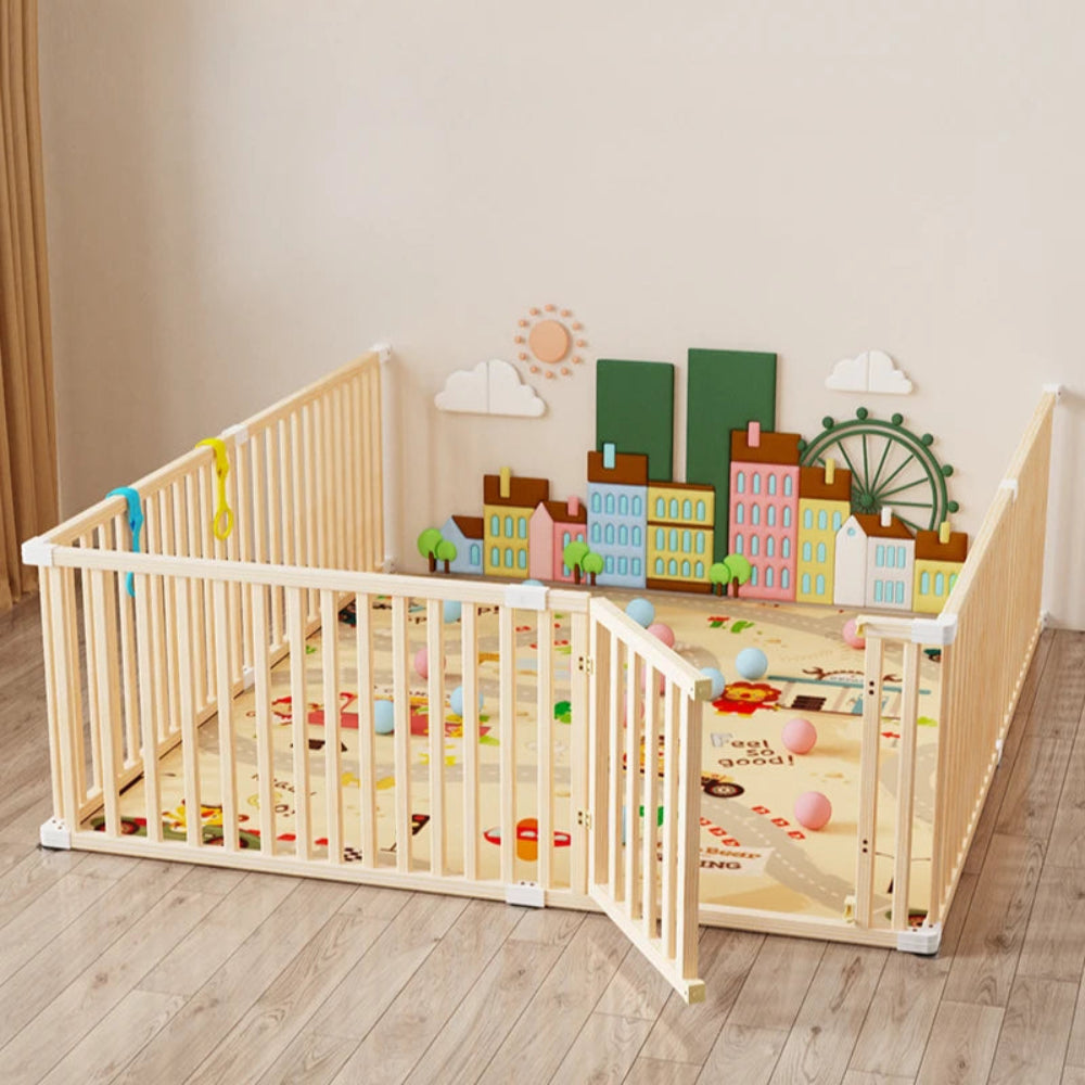 Safe wooden baby playpen with soft crawling mat. Durable, eco-friendly, and stylish design for secure play and early exploration.