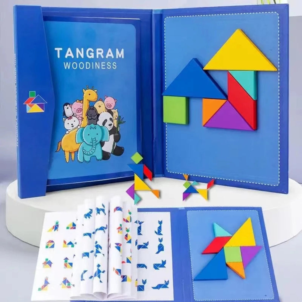 Magnetic wooden tangram book for kids. Safe, portable, and educational puzzle that builds logic, focus, and creativity through play.