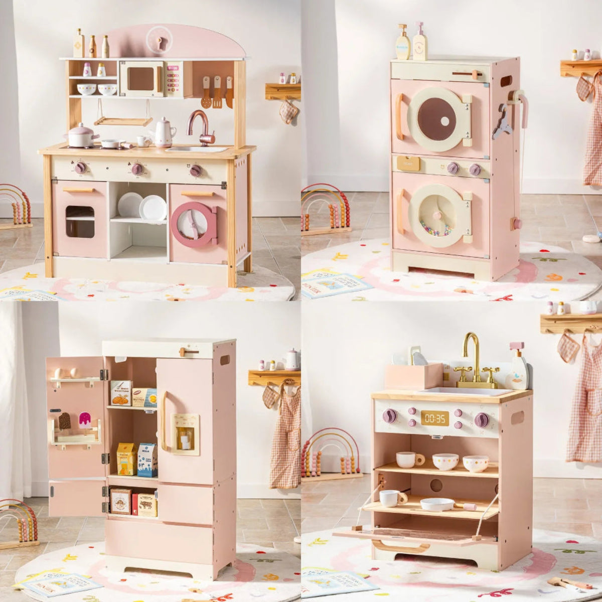 Deluxe wooden play kitchen for kids. Safe, stylish 4-piece set with accessories that inspire creativity, role play, and hands-on learning.