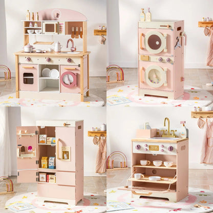 Deluxe wooden play kitchen for kids. Safe, stylish 4-piece set with accessories that inspire creativity, role play, and hands-on learning.