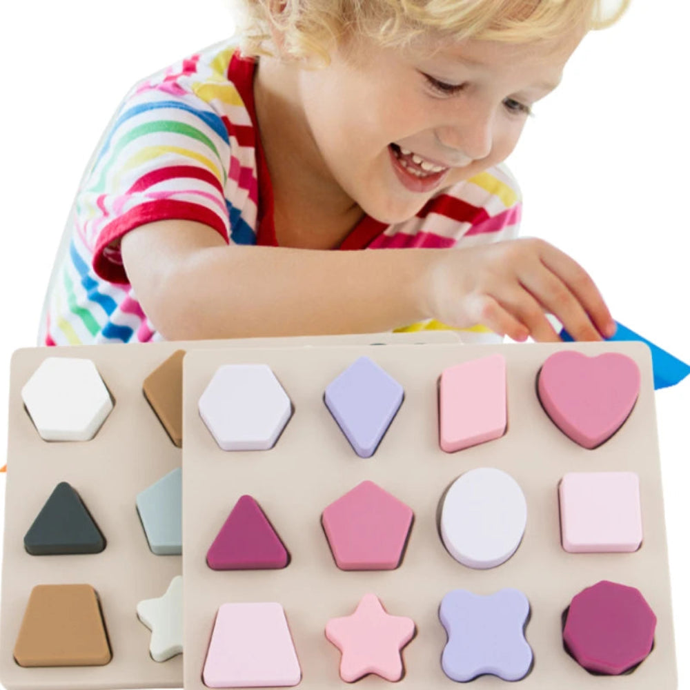 Soft silicone Montessori shape puzzle for kids. Safe, colorful, and sensory toy that builds logic, coordination, and early learning skills.