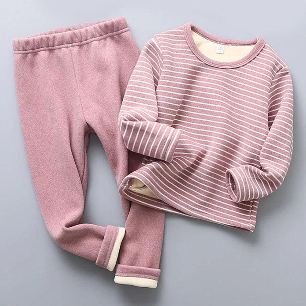 Warm plush-lined striped pajamas for kids. Soft, cozy, and perfect for autumn and winter nights — comfort for sweet dreams every day.