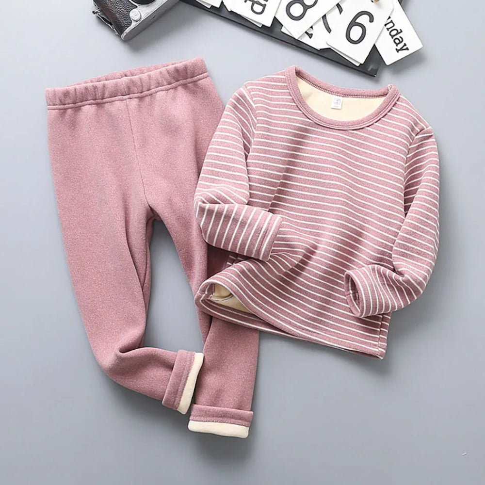 Warm plush-lined striped pajamas for kids. Soft, cozy, and perfect for autumn and winter nights — comfort for sweet dreams every day.