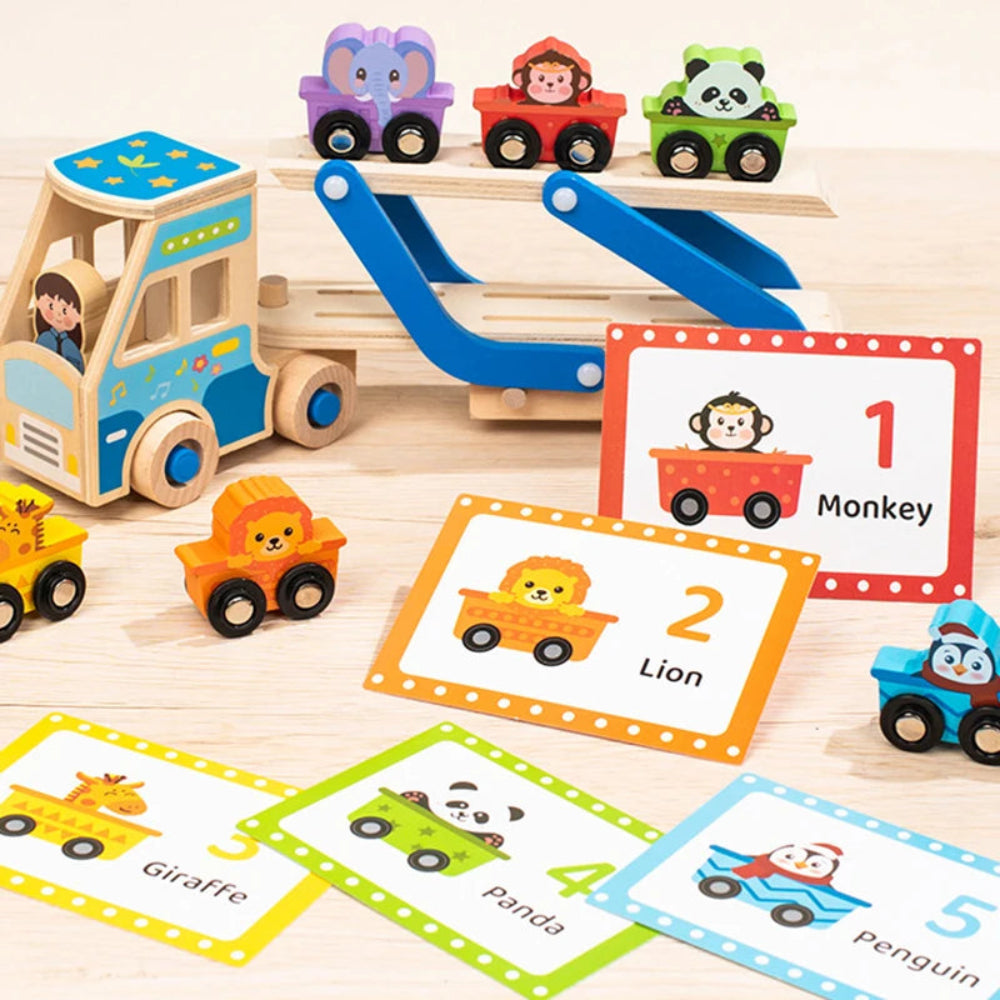 Wooden double-decker educational truck for kids. Safe, colorful, and fun Montessori toy that builds logic, coordination, and creativity.