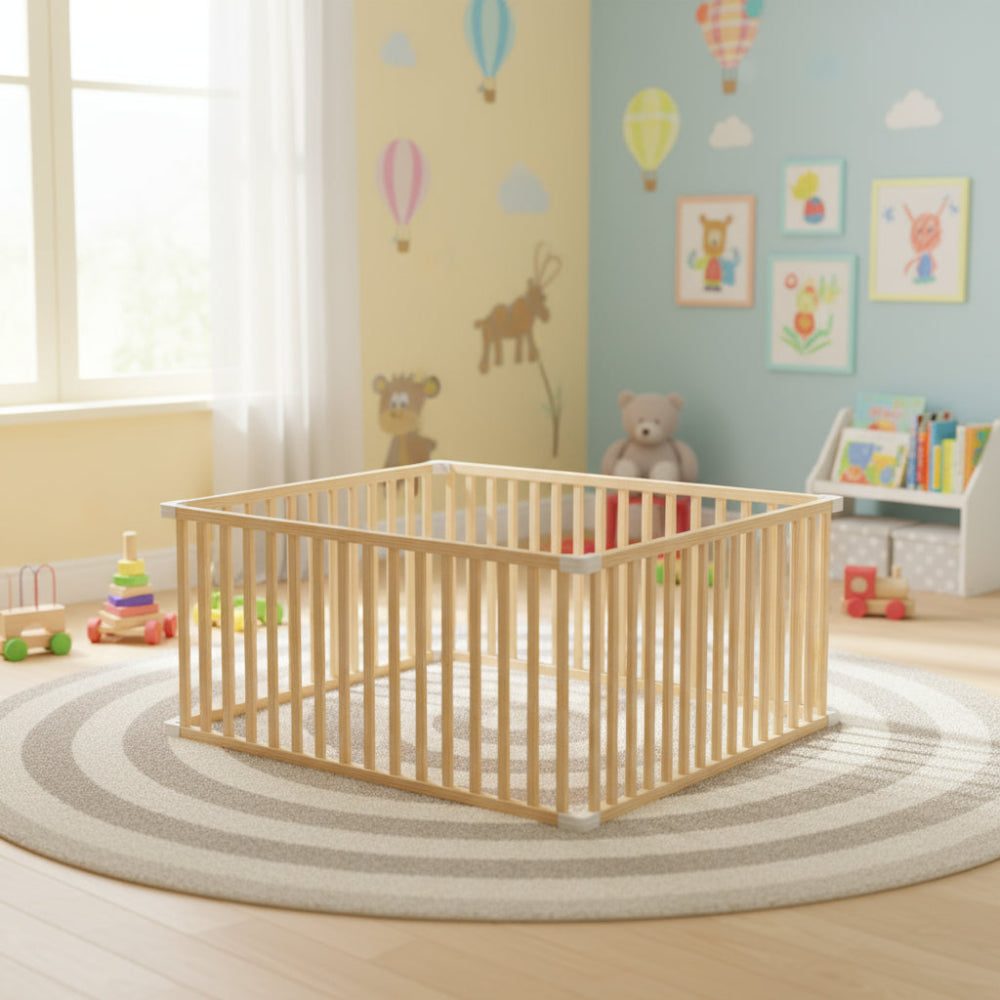 Safe wooden baby playpen with soft crawling mat. Durable, eco-friendly, and stylish design for secure play and early exploration.