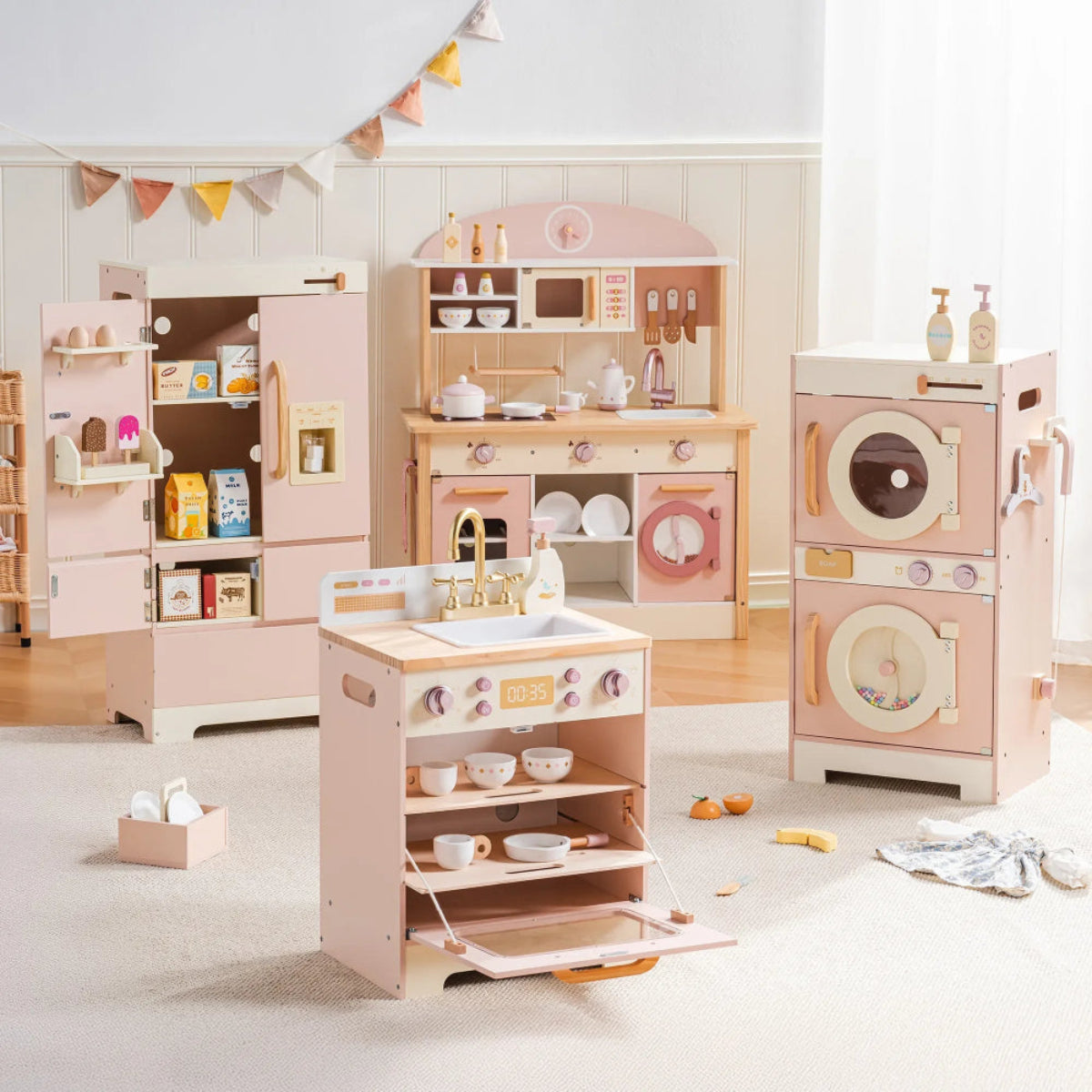 Deluxe wooden play kitchen for kids. Safe, stylish 4-piece set with accessories that inspire creativity, role play, and hands-on learning.