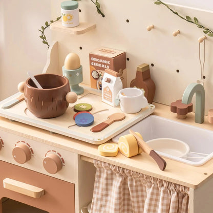 Wooden play food set for kids. Safe, realistic, and fun pretend cooking that inspires creativity, learning, and imagination every day.