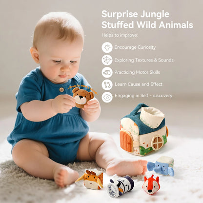 Soft Montessori sensory toy for babies. Plush farmhouse with musical animals that inspires discovery, learning, and gentle play.