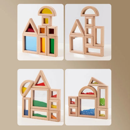 Colorful wooden and acrylic sensory blocks for kids. Safe, educational toy that builds creativity, focus, and sensory exploration.