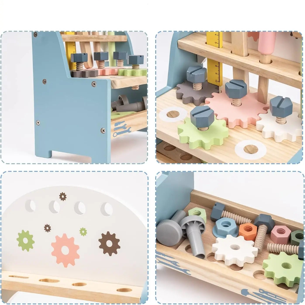 Wooden tool bench for kids. Safe, durable, and educational playset that builds creativity, coordination, and hands-on building skills.
