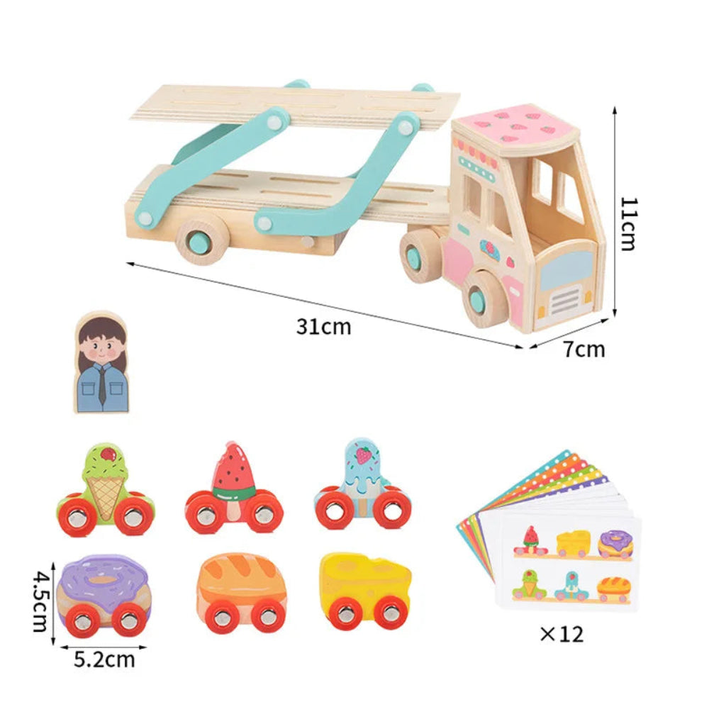 Wooden double-decker educational truck for kids. Safe, colorful, and fun Montessori toy that builds logic, coordination, and creativity.
