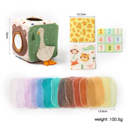 Montessori sensory tissue box for babies. Soft cloth play that boosts curiosity, fine-motor skills, and early exploration. Safe, colorful, and engaging.