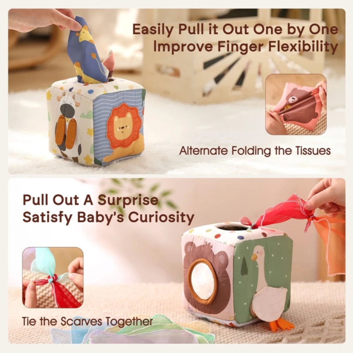 Montessori sensory tissue box for babies. Soft cloth play that boosts curiosity, fine-motor skills, and early exploration. Safe, colorful, and engaging.