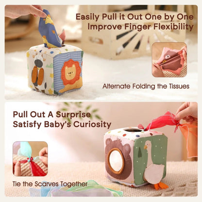 Montessori sensory tissue box for babies. Soft cloth play that boosts curiosity, fine-motor skills, and early exploration. Safe, colorful, and engaging.