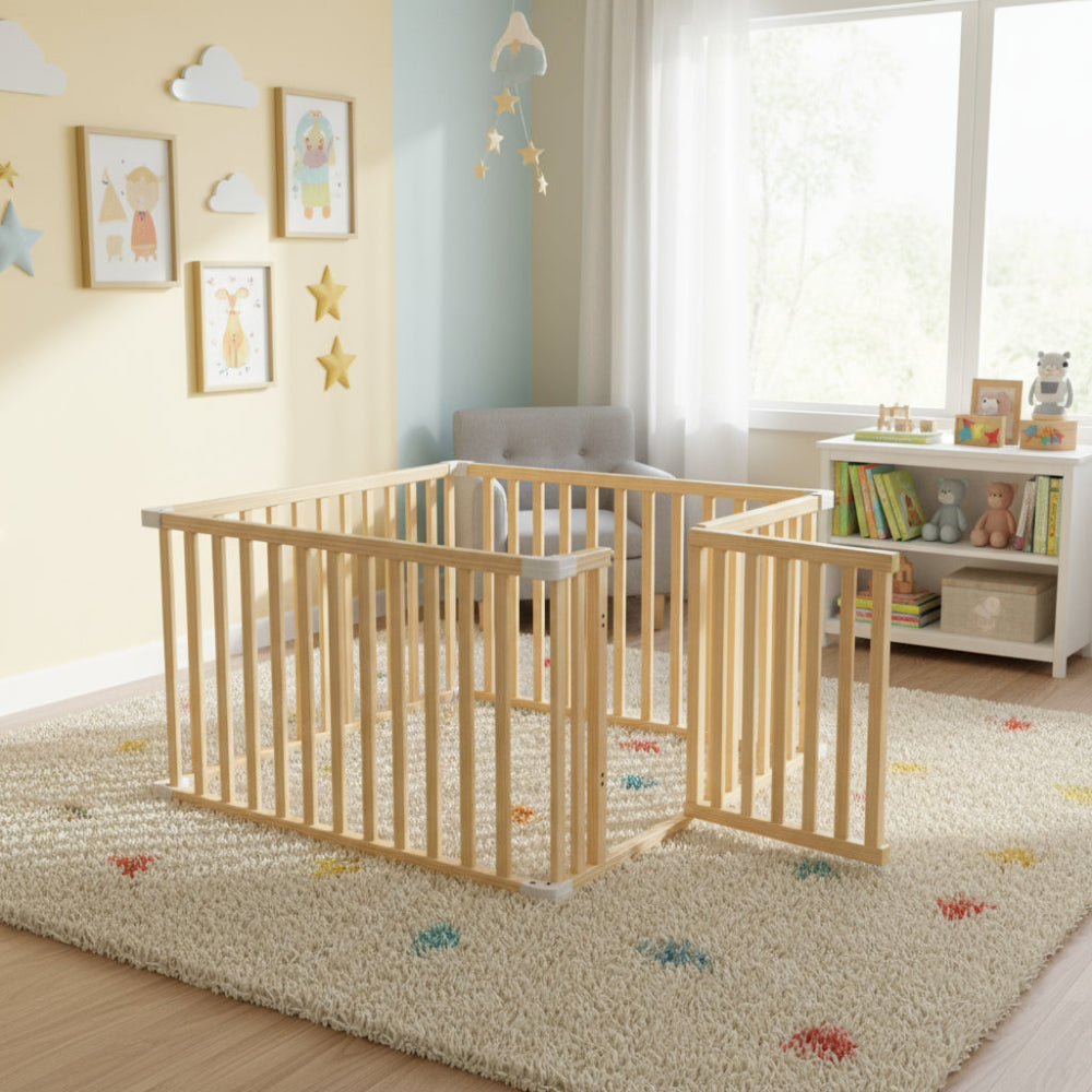 Safe wooden baby playpen with soft crawling mat. Durable, eco-friendly, and stylish design for secure play and early exploration.