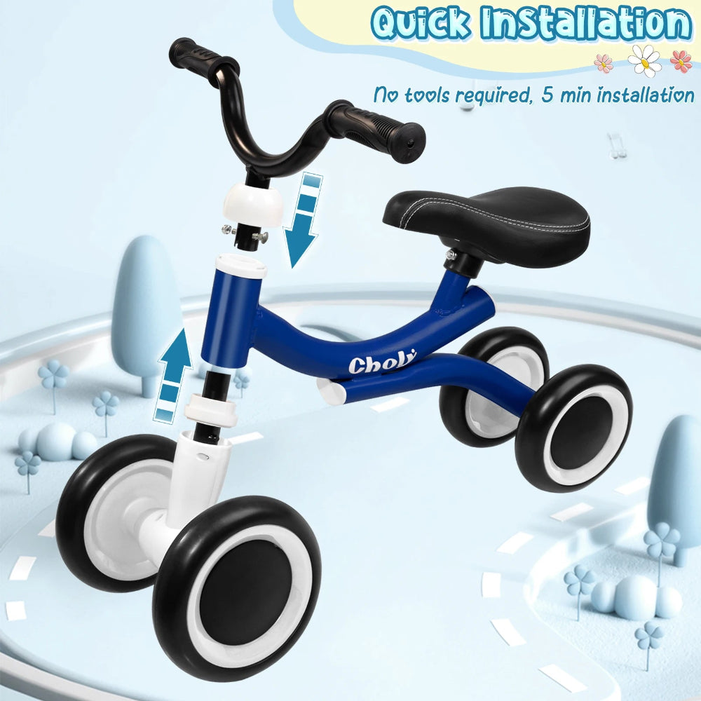 Lightweight 4-wheel balance bike for toddlers. Safe, stable, and ergonomic — perfect for ages 1–2 learning balance, coordination, and confidence.