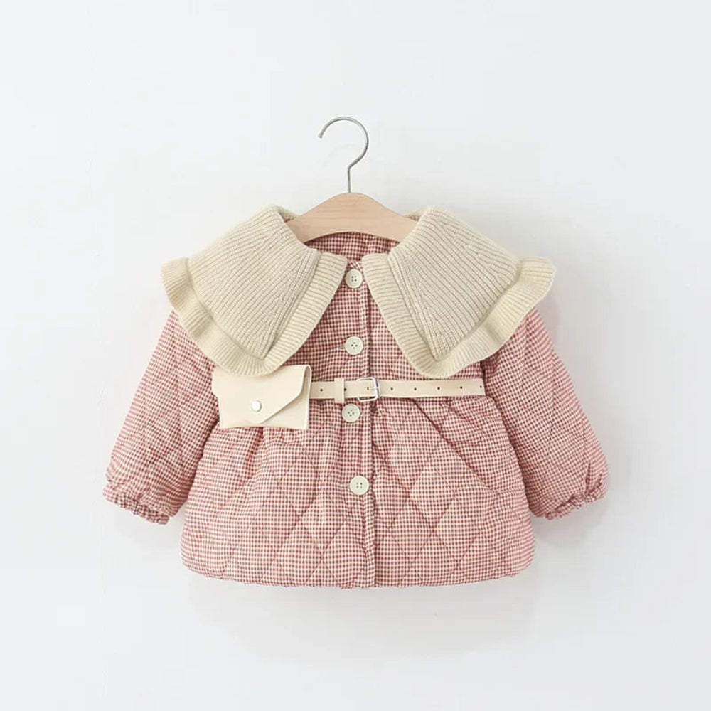 Warm plaid winter coat for girls. Soft cotton design with ruffle collar and belt — stylish, cozy, and perfect for chilly days.
