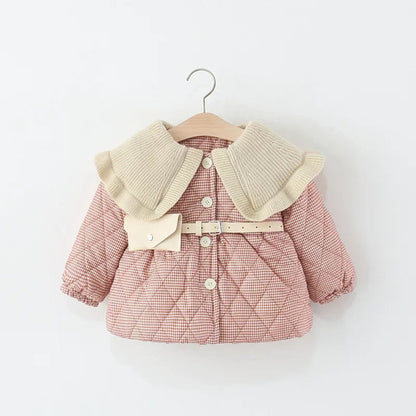 Warm plaid winter coat for girls. Soft cotton design with ruffle collar and belt — stylish, cozy, and perfect for chilly days.
