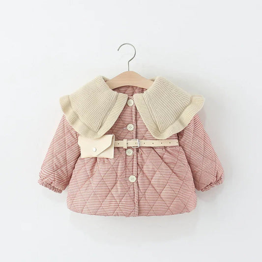 Warm plaid winter coat for girls. Soft cotton design with ruffle collar and belt — stylish, cozy, and perfect for chilly days.
