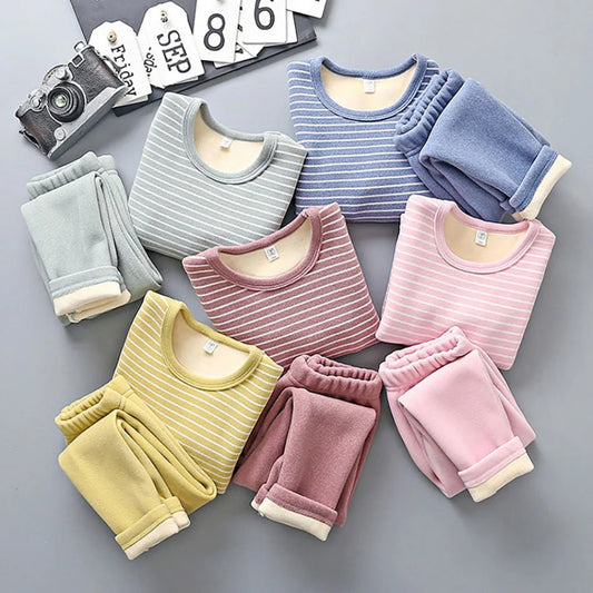 Warm plush-lined striped pajamas for kids. Soft, cozy, and perfect for autumn and winter nights — comfort for sweet dreams every day.