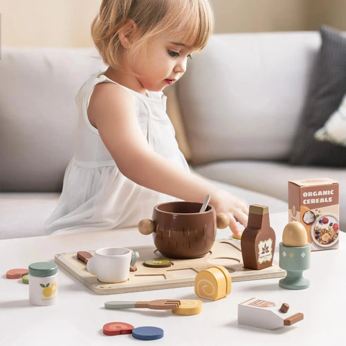 Wooden play food set for kids. Safe, realistic, and fun pretend cooking that inspires creativity, learning, and imagination every day.