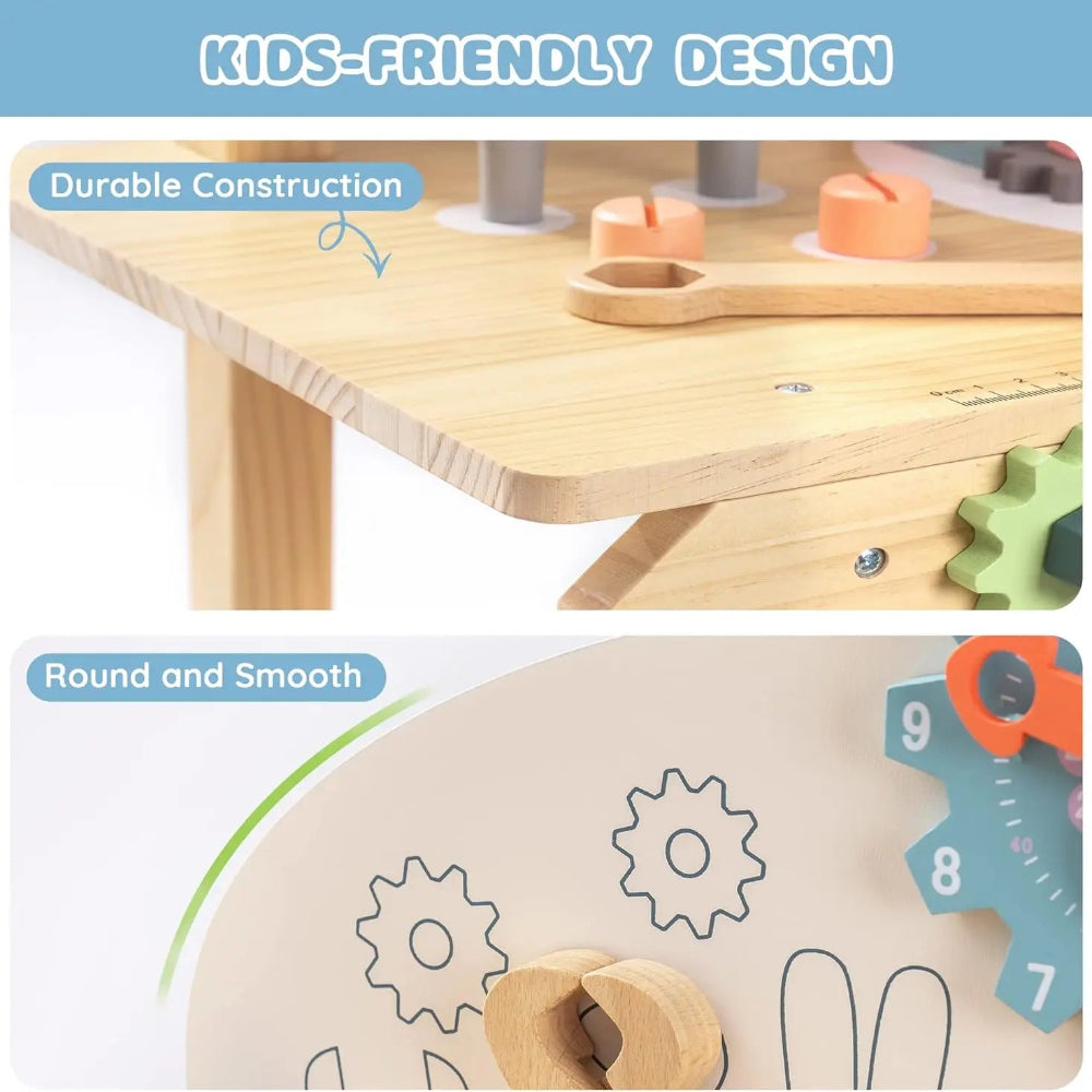 Wooden tool bench for kids with 41 pieces. Safe, durable, and educational playset that inspires creativity, coordination, and hands-on learning.