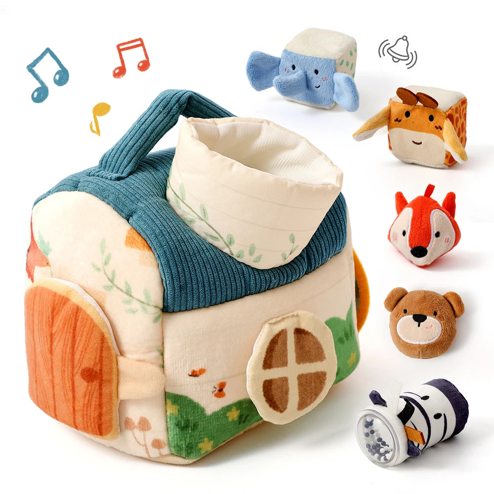 Soft Montessori sensory toy for babies. Plush farmhouse with musical animals that inspires discovery, learning, and gentle play.