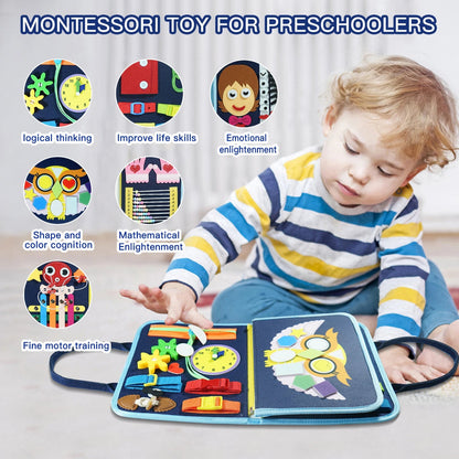 Montessori 7-in-1 Busy Board for ages 3–6. Safe sensory toy that builds fine motor skills, focus, and independence. Perfect educational gift for kids.