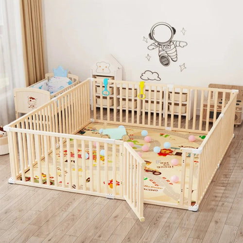 Safe wooden baby playpen with soft crawling mat. Durable, eco-friendly, and stylish design for secure play and early exploration.