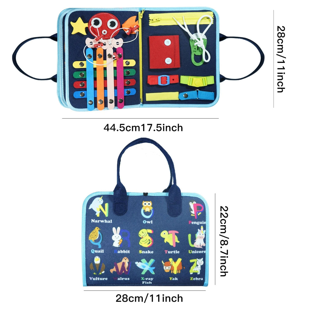 Montessori 7-in-1 Busy Board for ages 3–6. Safe sensory toy that builds fine motor skills, focus, and independence. Perfect educational gift for kids.