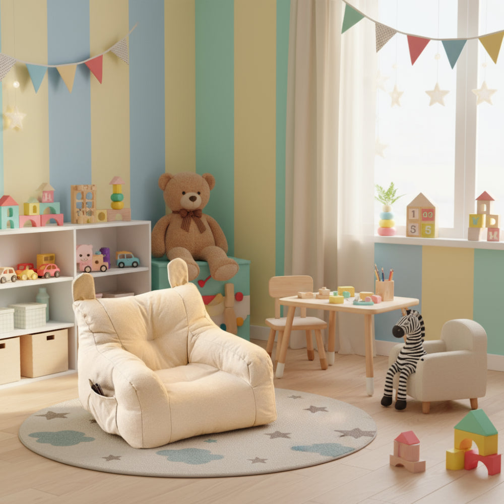 Cute montessori bear kids sofa chair. Soft, safe, and comfy seating for reading or playtime — perfect for cozy bedrooms, nurseries, and play corners.