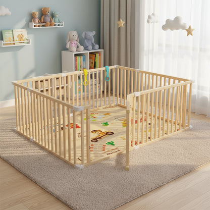 Safe wooden baby playpen with soft crawling mat. Durable, eco-friendly, and stylish design for secure play and early exploration.
