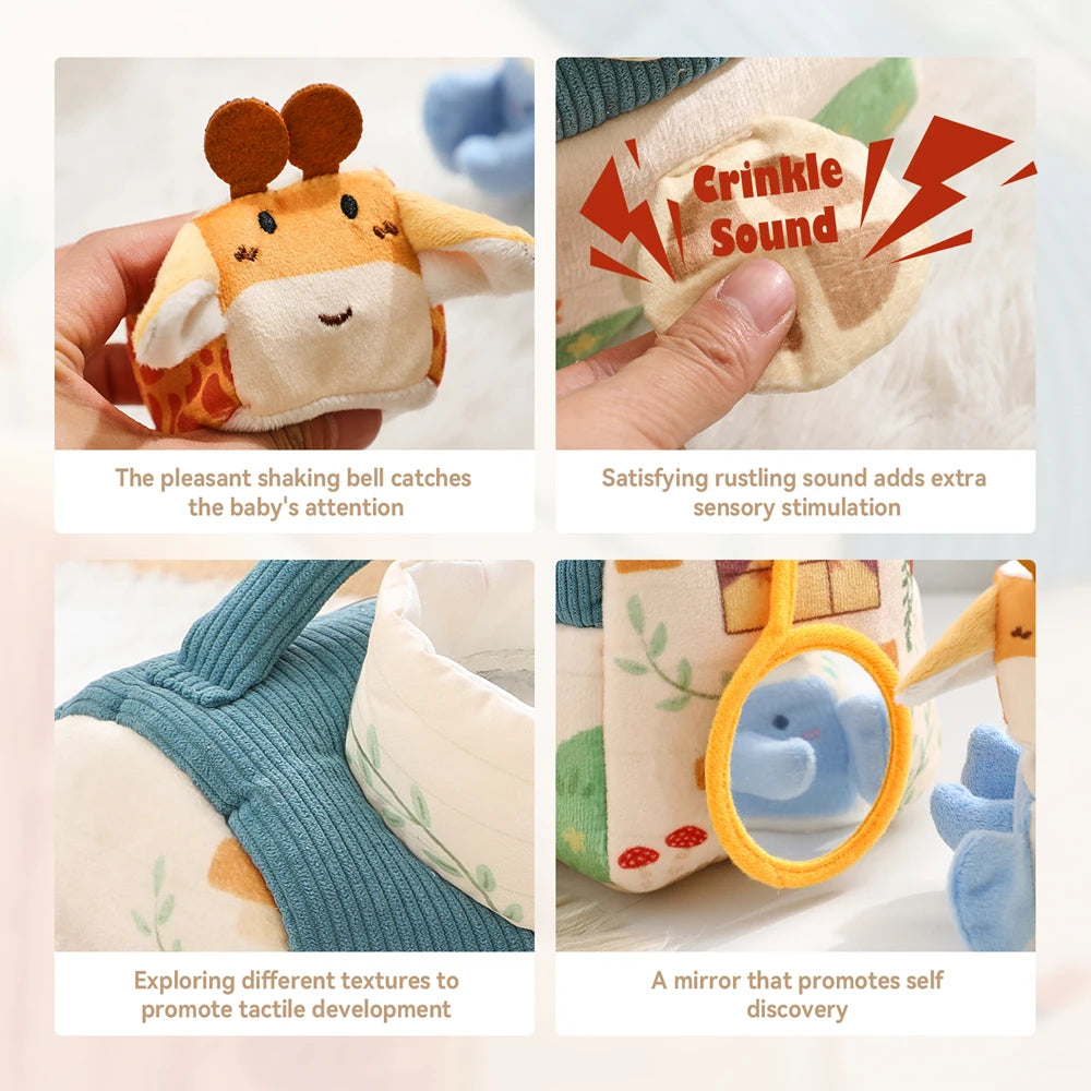 Soft Montessori sensory toy for babies. Plush farmhouse with musical animals that inspires discovery, learning, and gentle play.